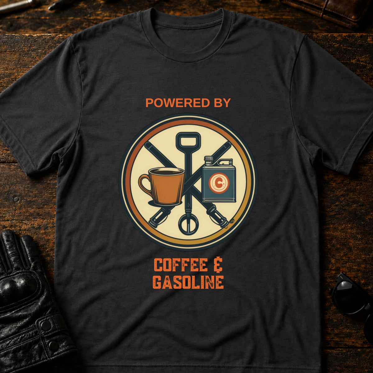 Powered By Coffee And Gasoline Two Wheel Society T-Shirt, charcoal