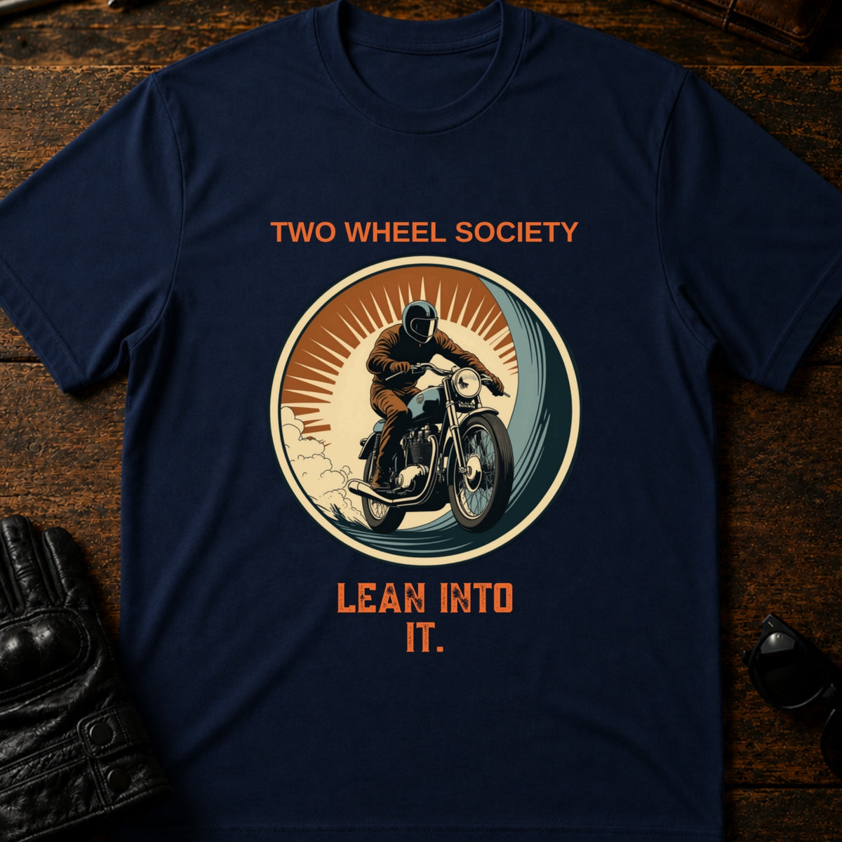 Two Wheel Society Lean Into It Motorcycle T-Shirt, navy