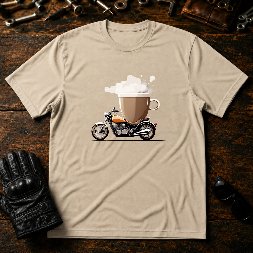 Coffee and Wheels T-Shirt - mockup 6 sand