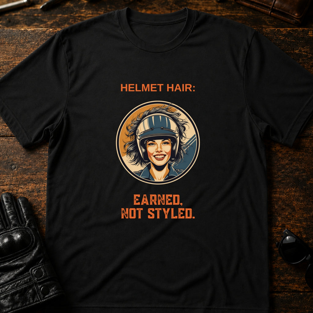 Helmet Hair Earned Not Styled T-Shirt - mockup 1 black
