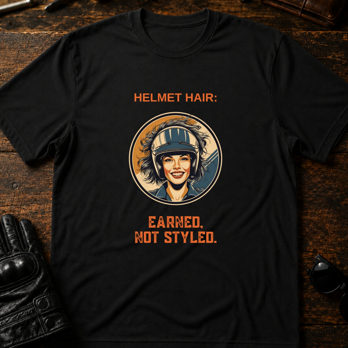 Helmet Hair Earned Not Styled T-Shirt, black