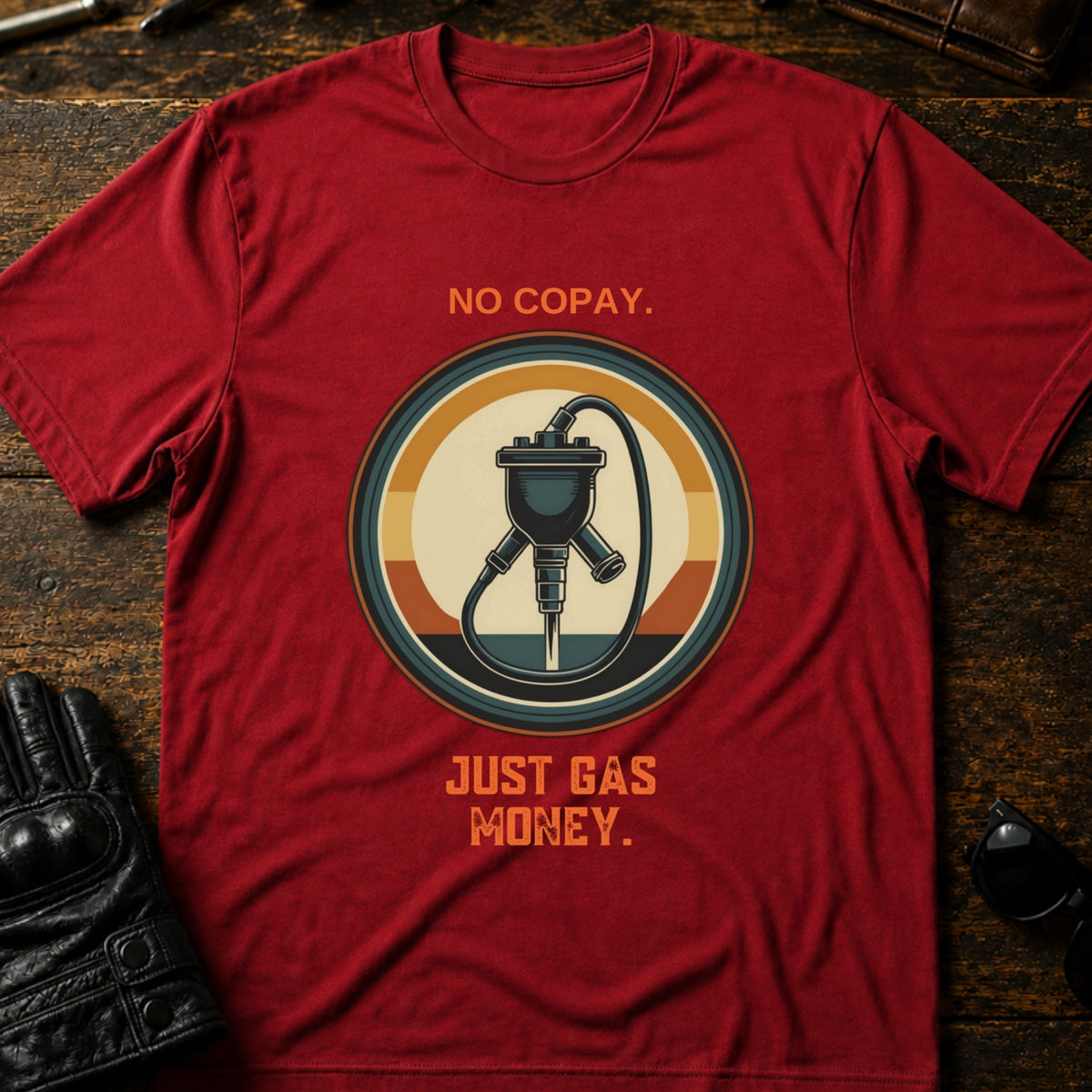 No Copay Just Gas Money Motorcycle Therapy T-Shirt, cardinal red