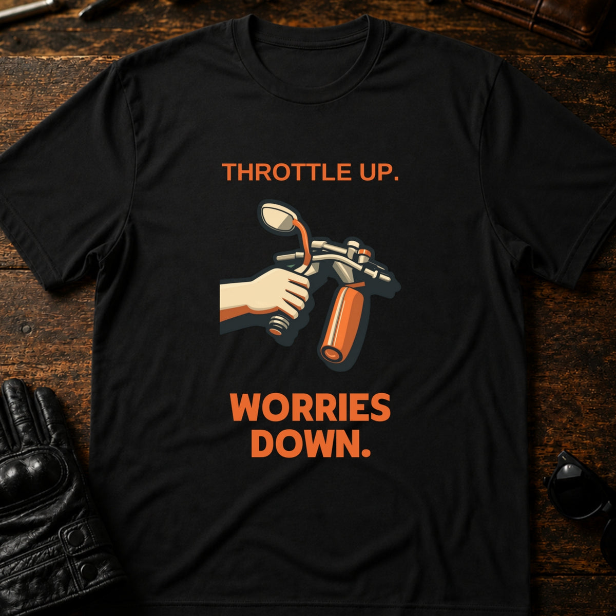 Throttle Up Worries Down Motorcycle T-Shirt, black