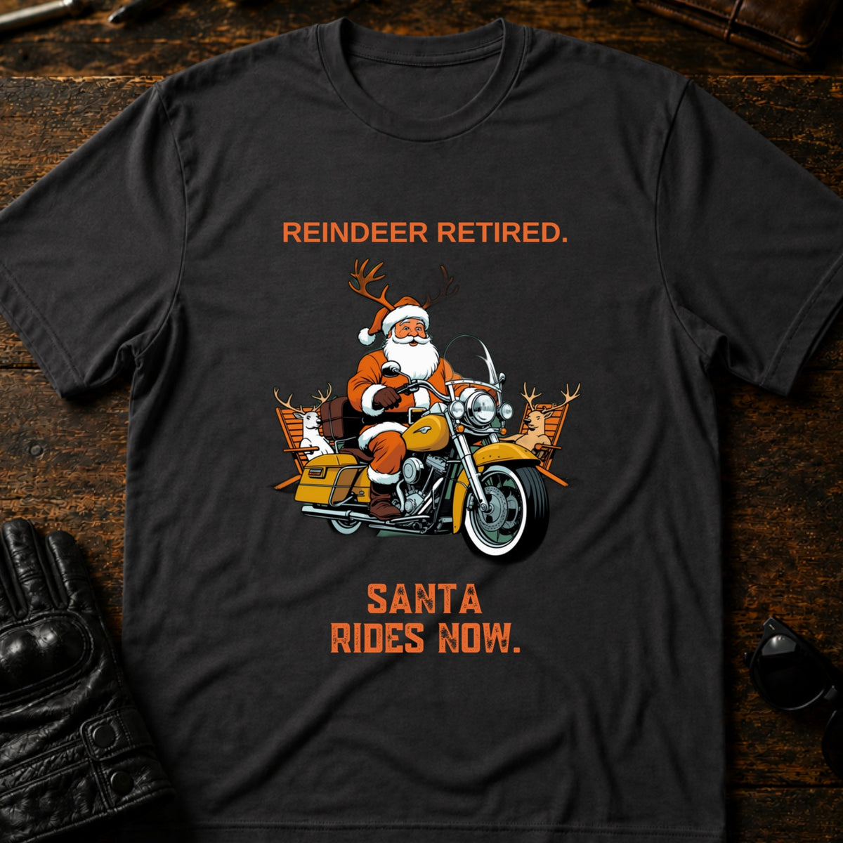 Reindeer Retired Santa Rides Now Motorcycle T-Shirt, charcoal