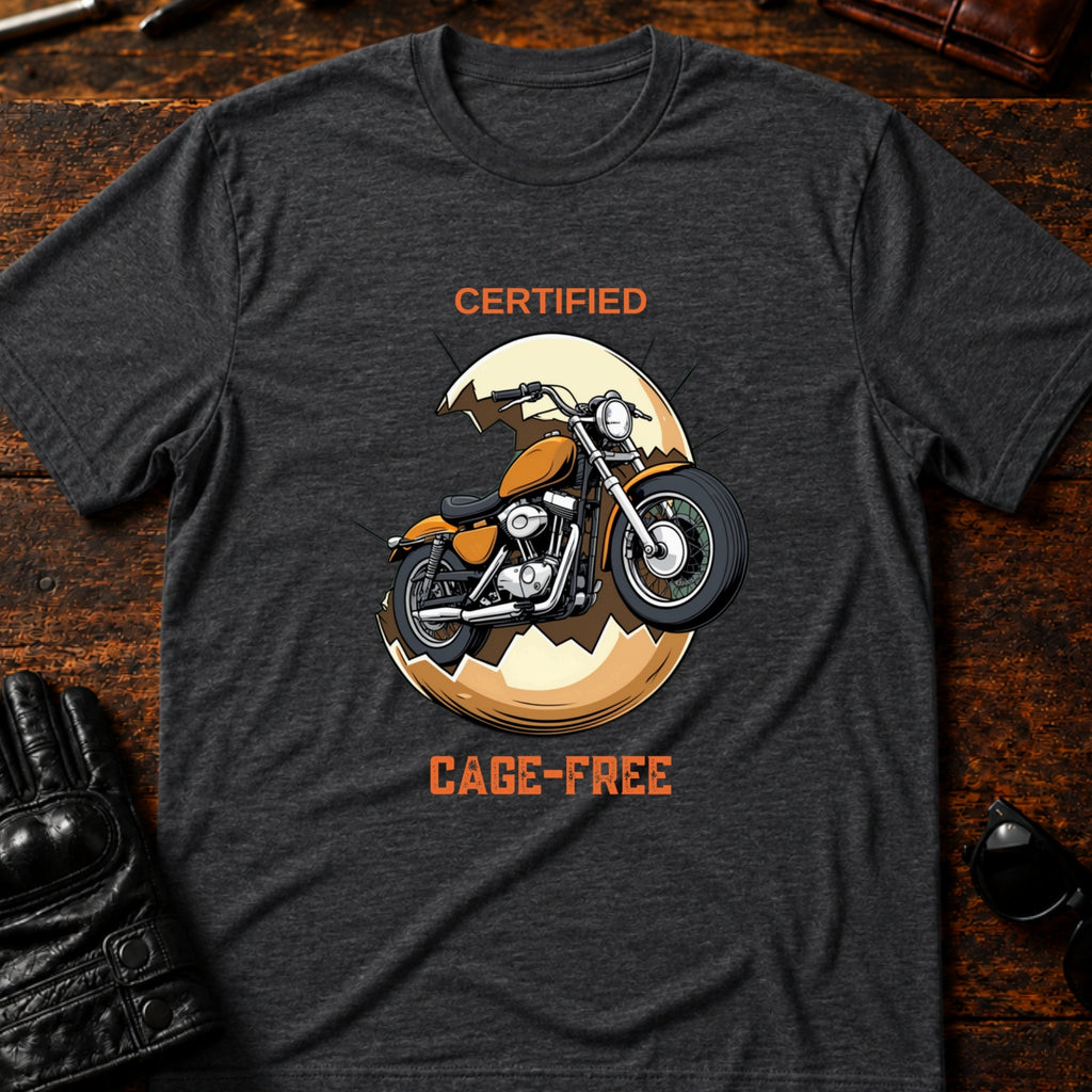 Certified Cage Free Funny Motorcycle T-Shirt - mockup 8 dark heather