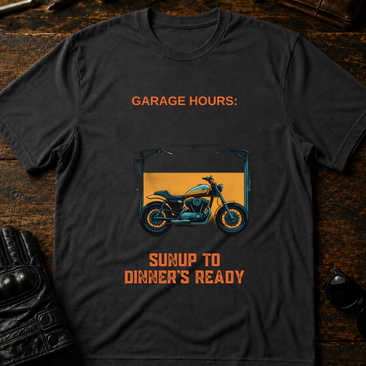 Garage Hours Sunup To Dinners Ready Biker T-Shirt, charcoal