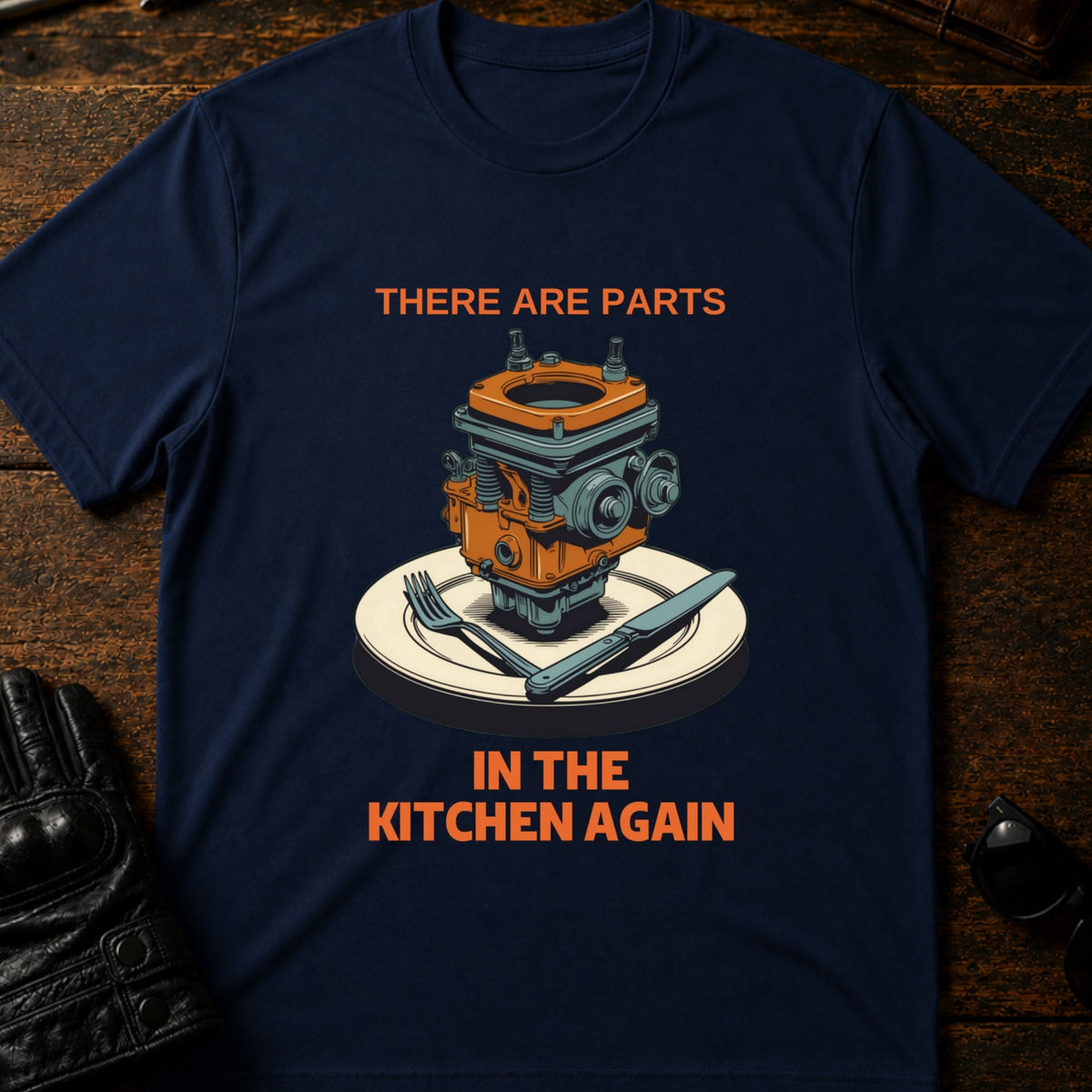 Spare Parts In The Kitchen Again Biker Husband T-Shirt, navy