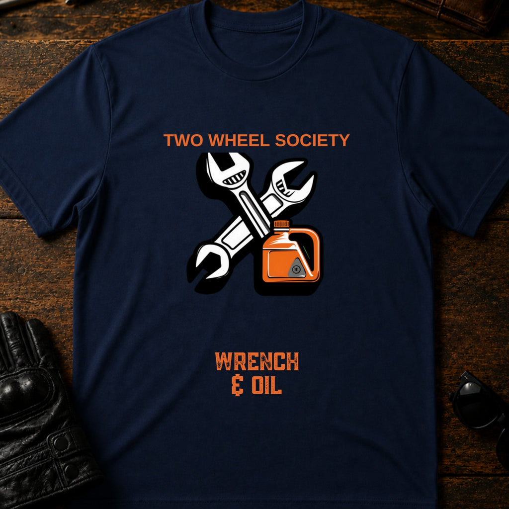 Wrench and Oil Emblem T-Shirt - mockup 5 navy