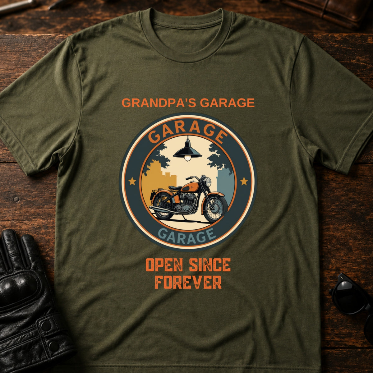 Grandpas Garage Open Since Forever Biker T-Shirt, military green