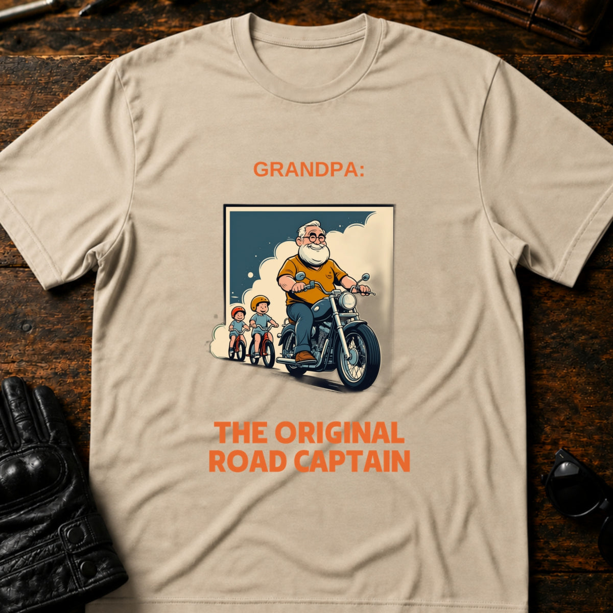 Grandpa The Original Road Captain Motorcycle Gift T-Shirt, sand