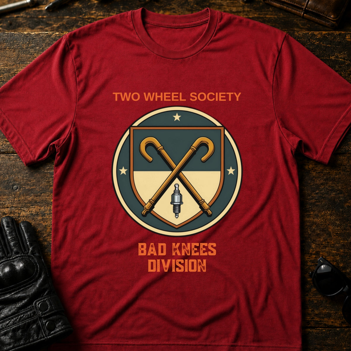Two Wheel Society Bad Knees Division Biker T-Shirt, cardinal red