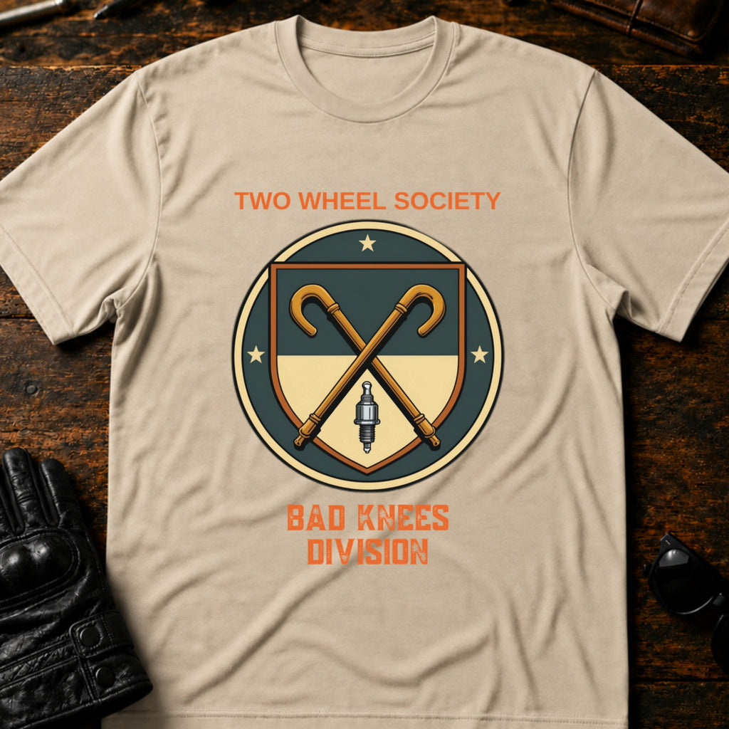 Two Wheel Society Bad Knees Division Biker T-Shirt - mockup 6 sand
