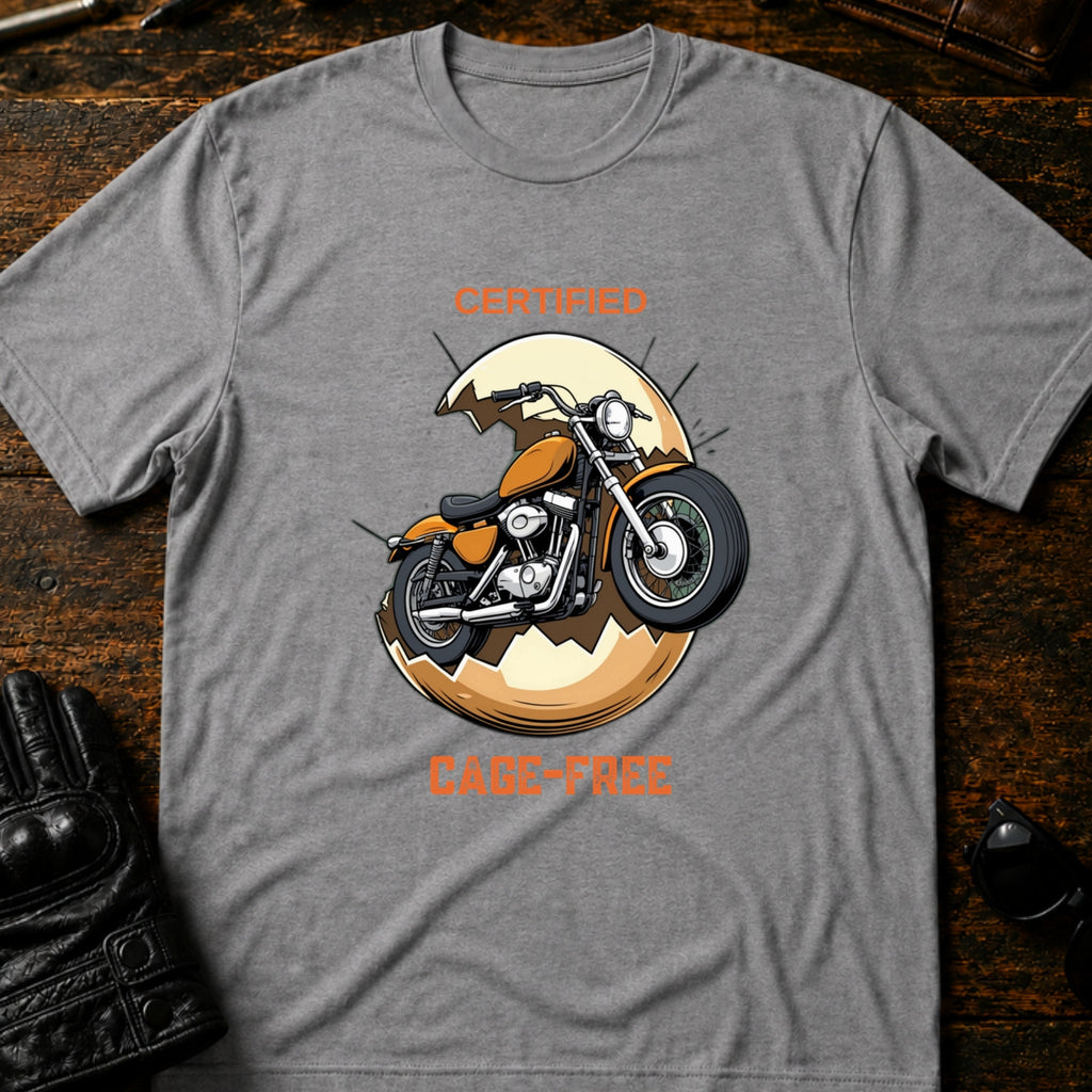 Certified Cage Free Funny Motorcycle T-Shirt - mockup 4 sport gray