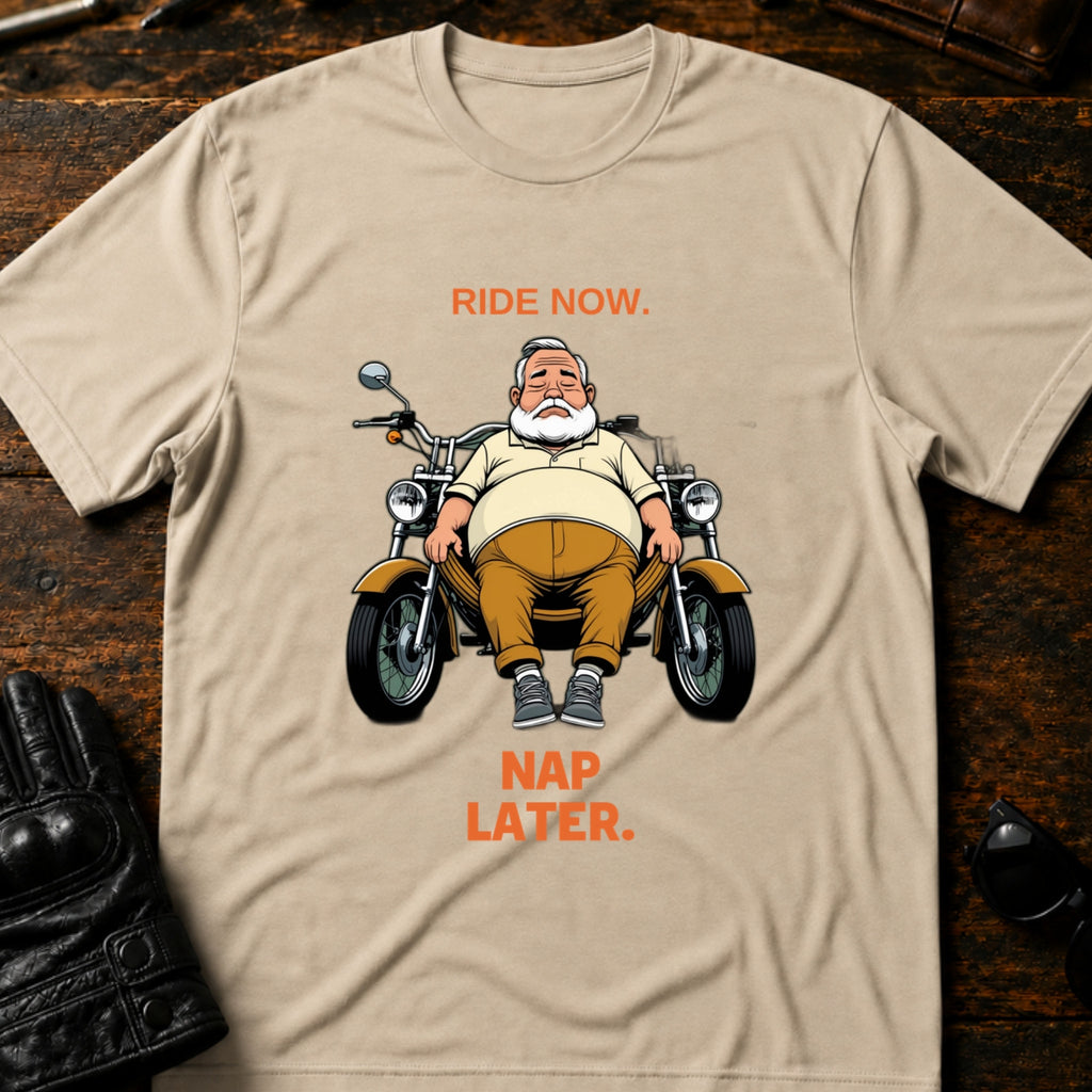 Ride Now Nap Later Grandpa Motorcycle T-Shirt - mockup 6 sand