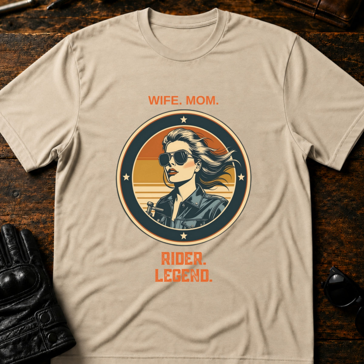 Wife Mom Rider Legend Women Biker T-Shirt, sand
