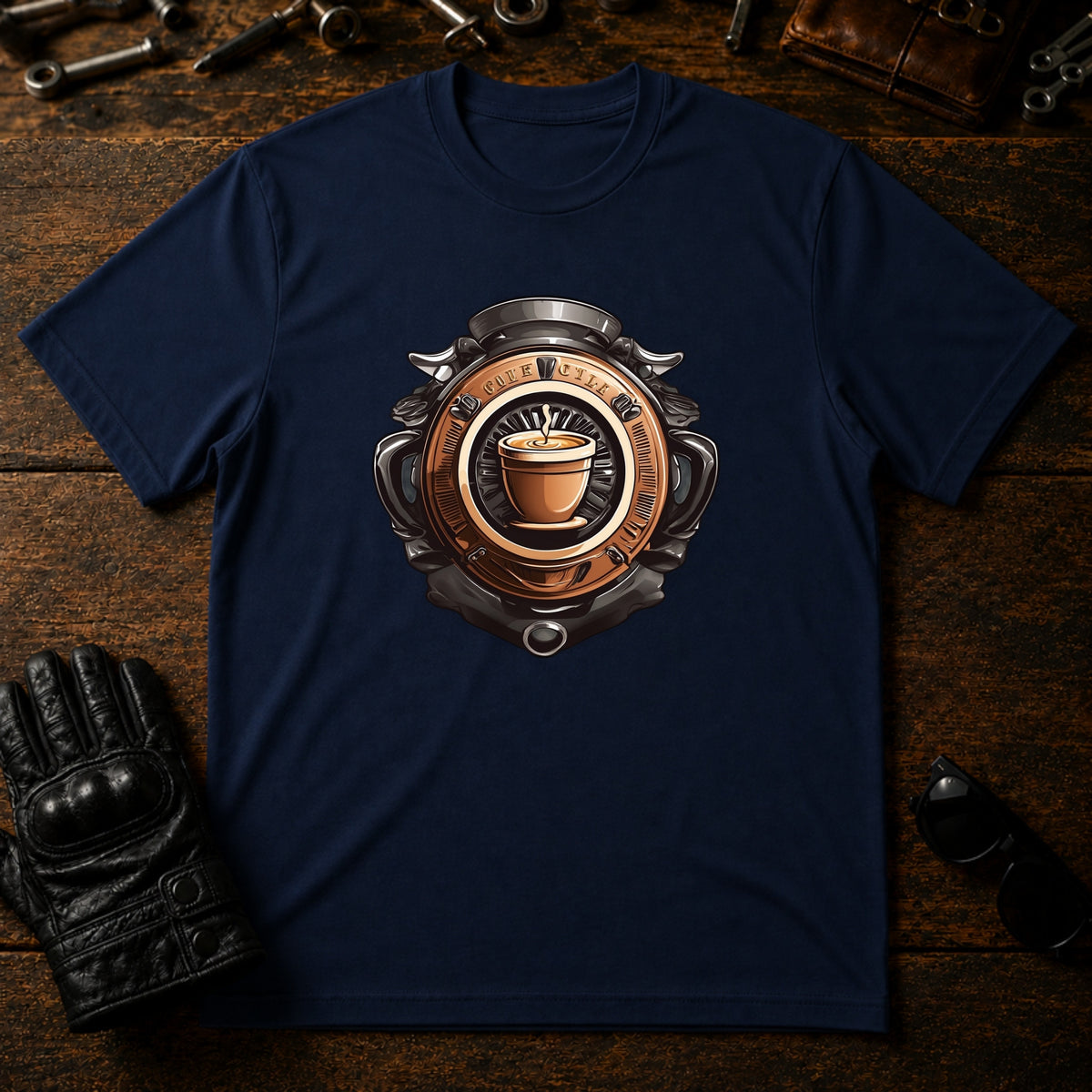 Coffee and Wheels Emblem T-Shirt - mockup 5 navy