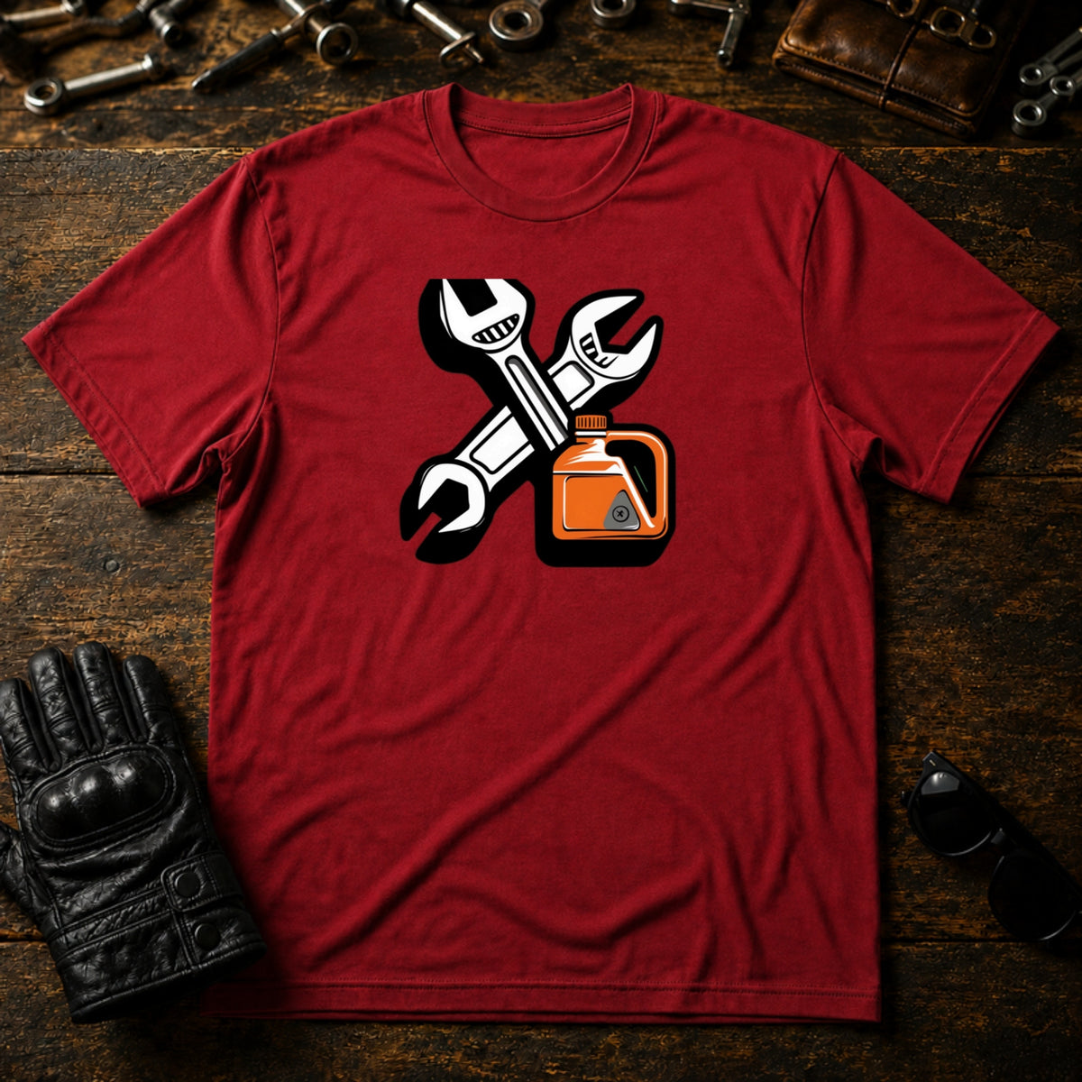 Wrench and Oil Emblem T-Shirt - mockup 7 cardinal red