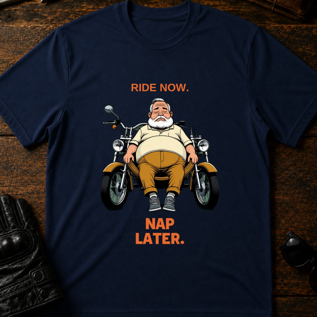 Ride Now Nap Later Grandpa Motorcycle T-Shirt, navy