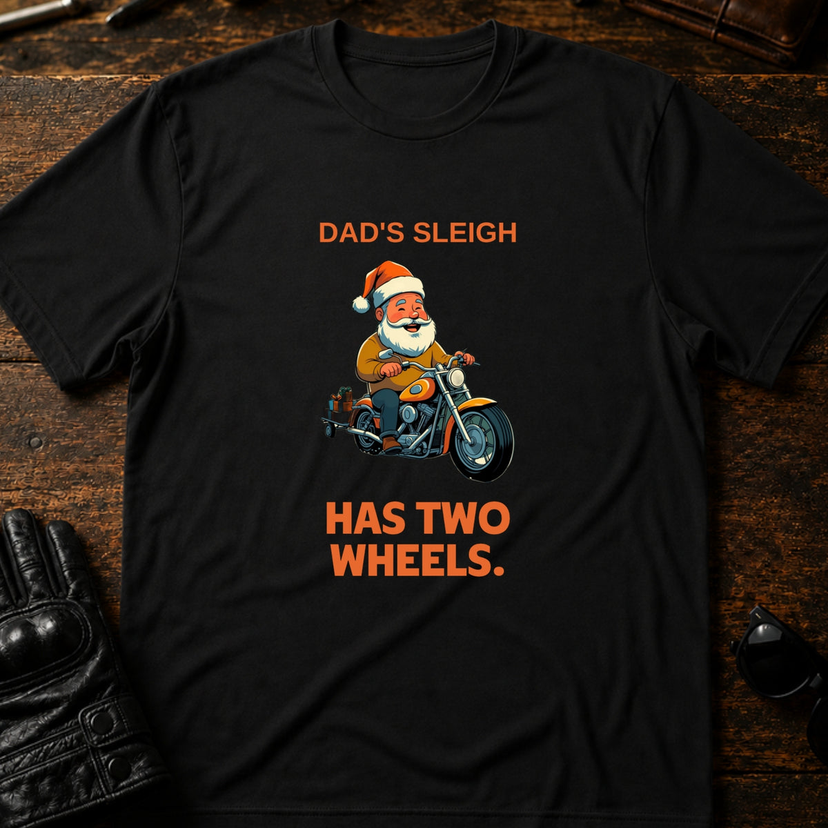 Dads Sleigh Has Two Wheels Christmas Motorcycle T-Shirt, black