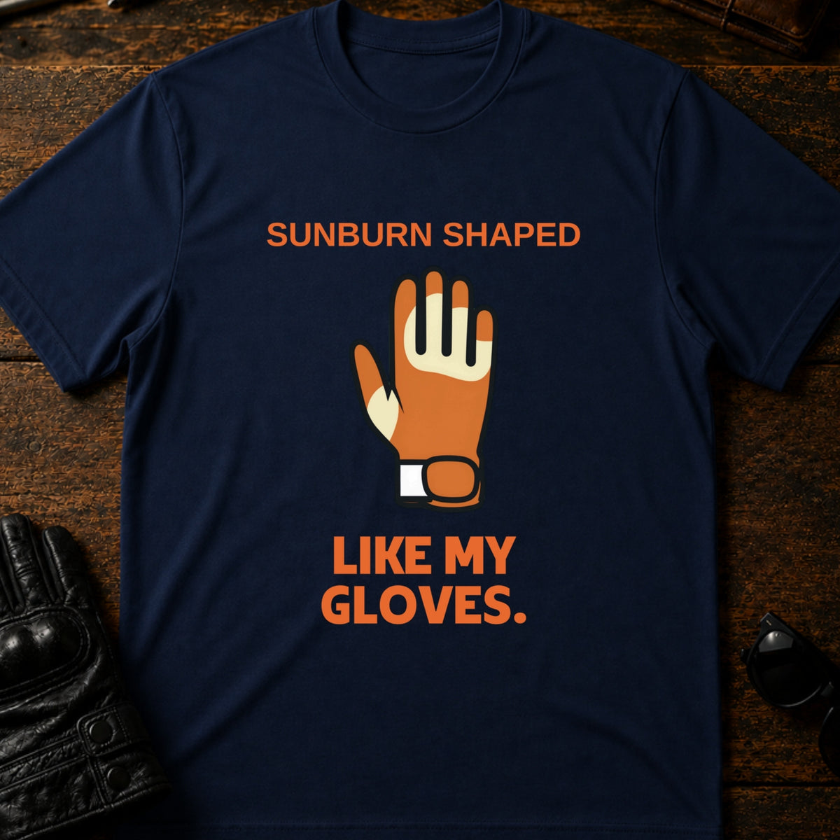 Sunburn Shaped Like My Gloves Funny Biker T-Shirt, navy