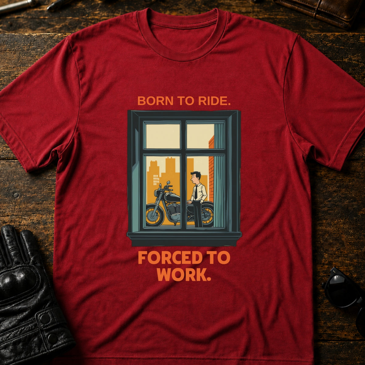 Born To Ride Forced To Work Funny Biker T-Shirt, cardinal red