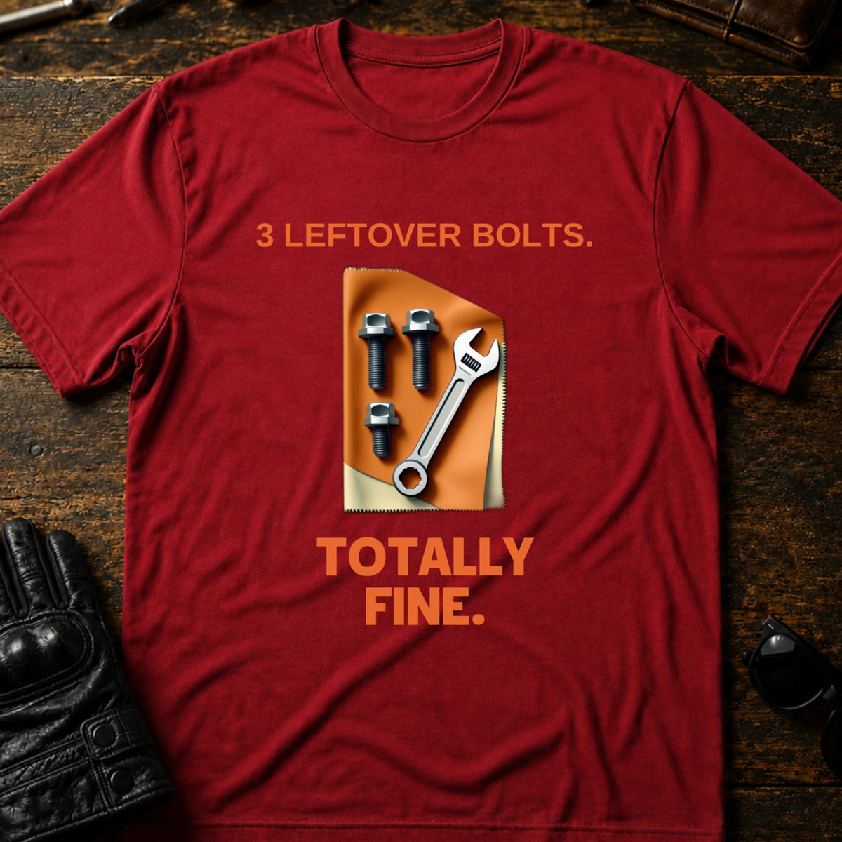 Three Leftover Bolts Totally Fine Mechanic Biker T-Shirt, cardinal red