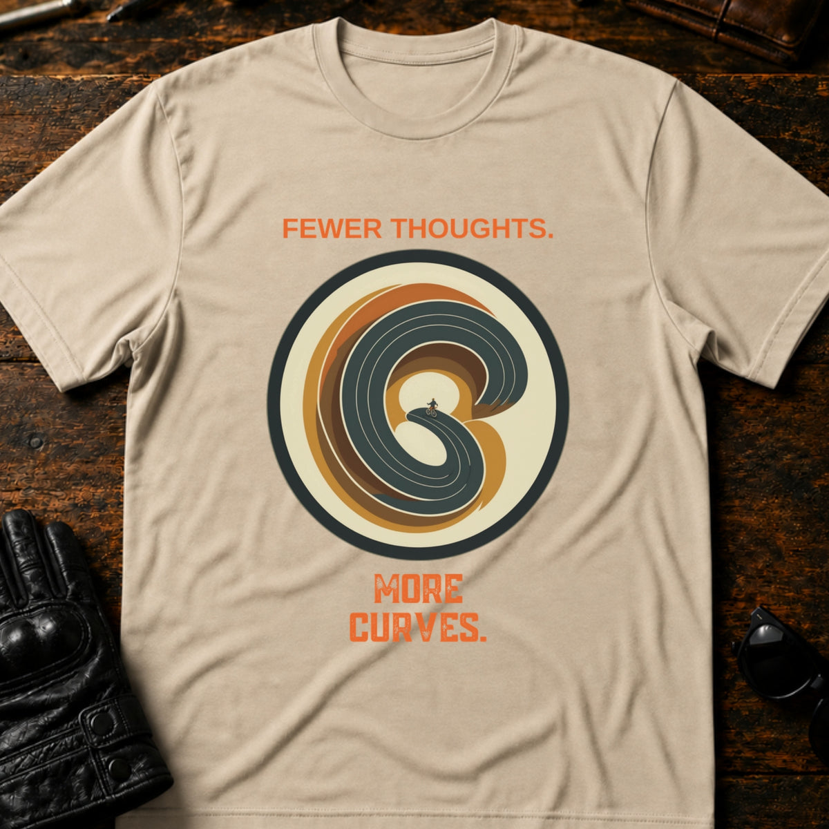 Fewer Thoughts More Curves Motorcycle T-Shirt, sand