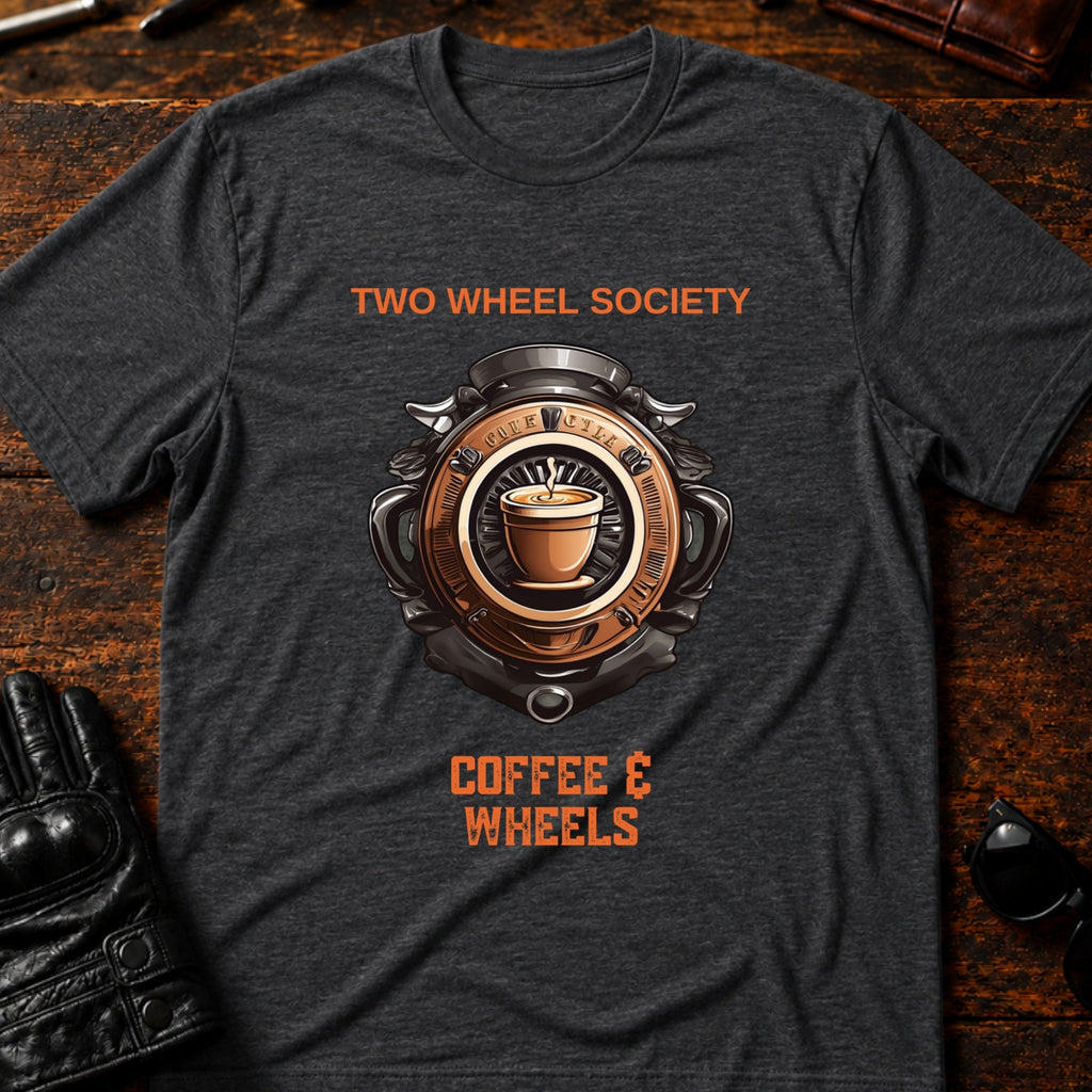Coffee and Wheels Emblem T-Shirt - mockup 8 dark heather