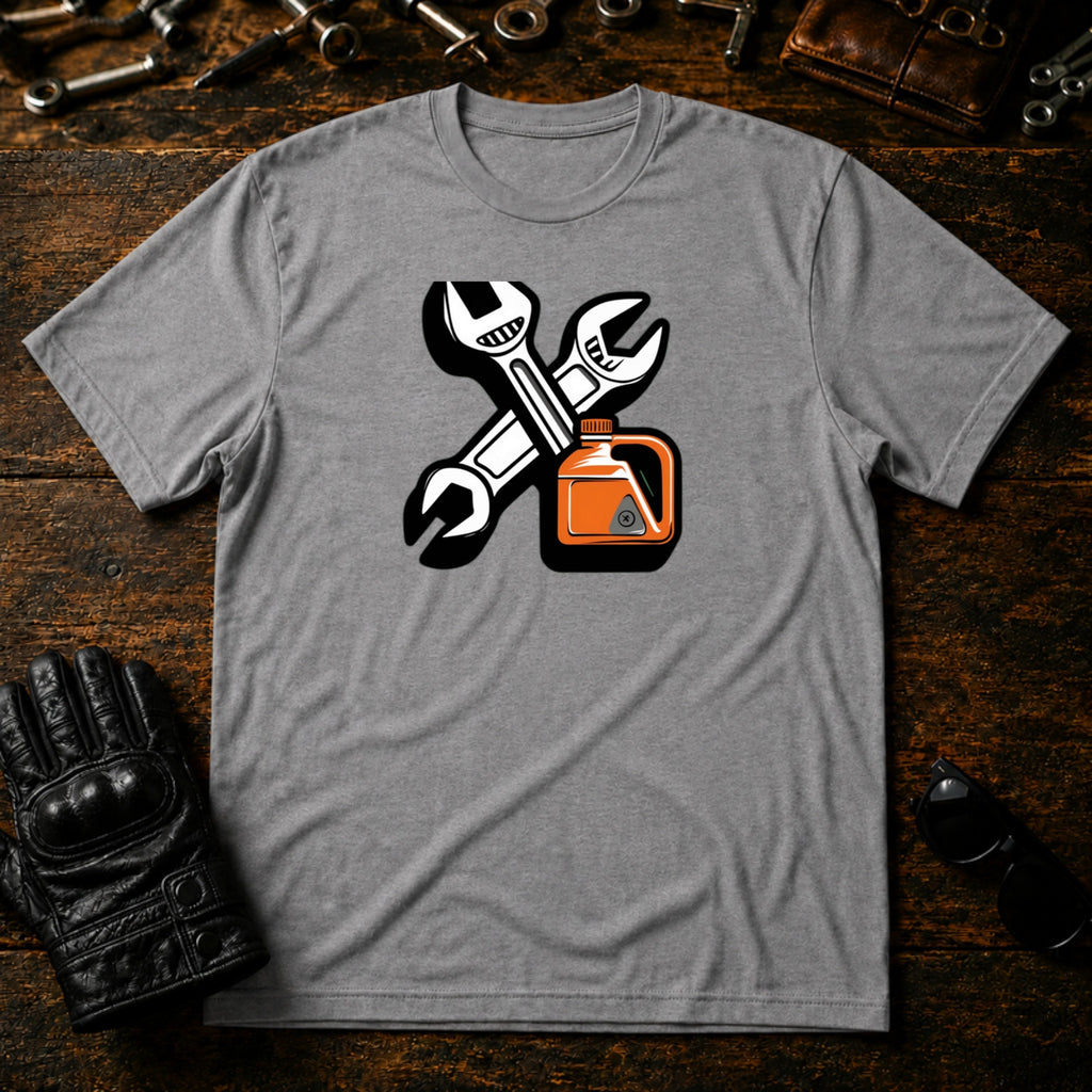 Wrench and Oil Emblem T-Shirt - mockup 4 sport gray