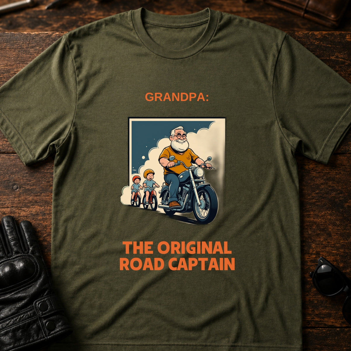 Grandpa The Original Road Captain Motorcycle Gift T-Shirt, military green