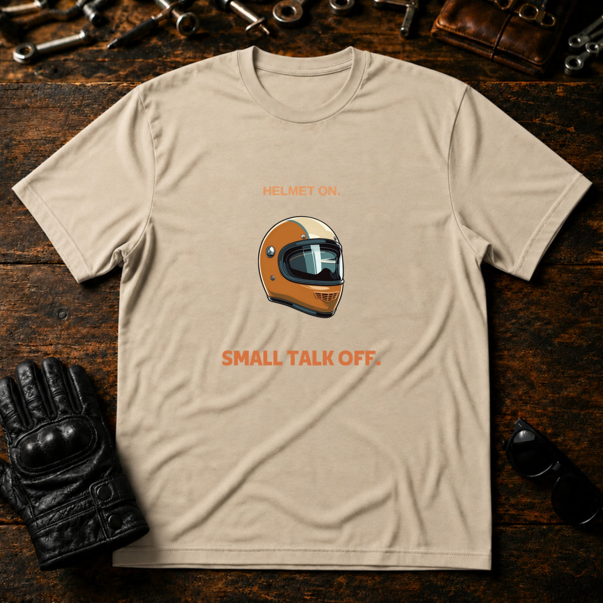 Helmet On Small Talk Off T-Shirt - mockup 6 sand