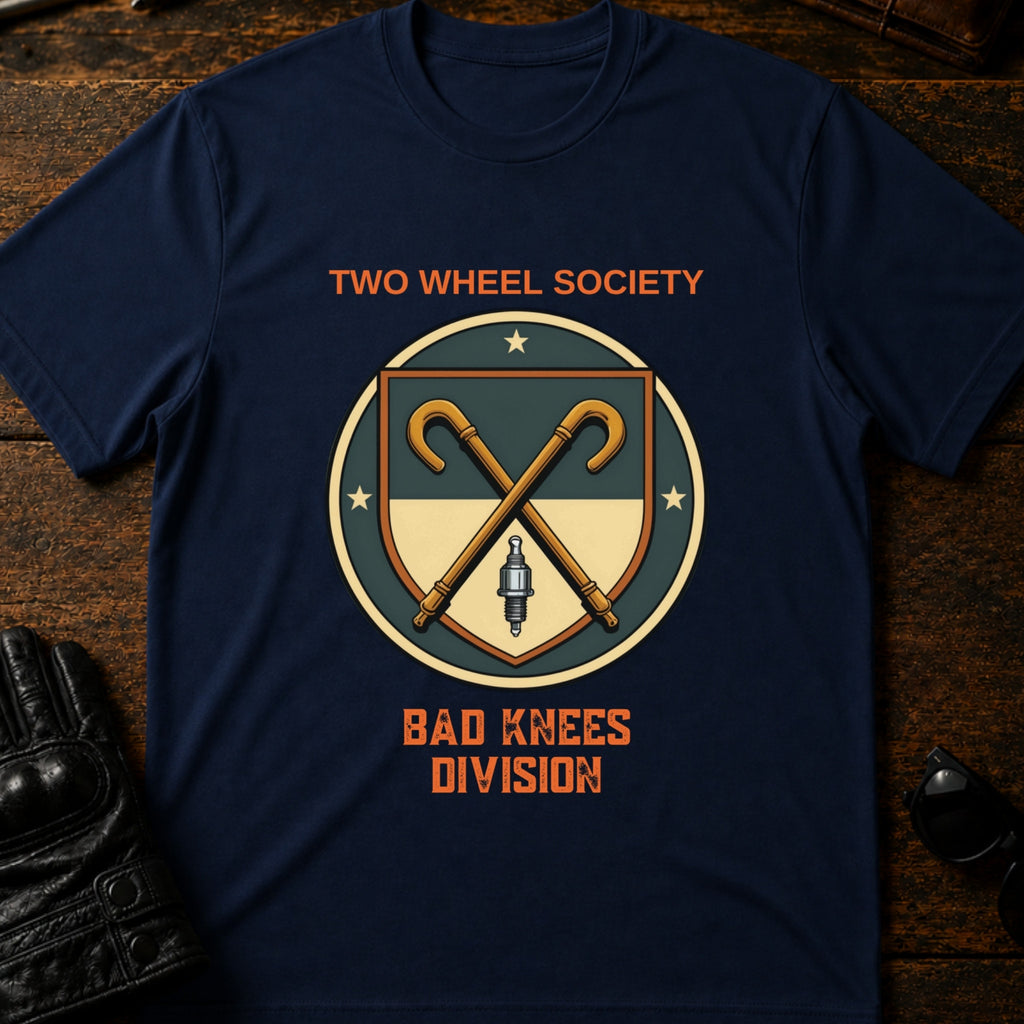 Two Wheel Society Bad Knees Division Biker T-Shirt - mockup 5 navy