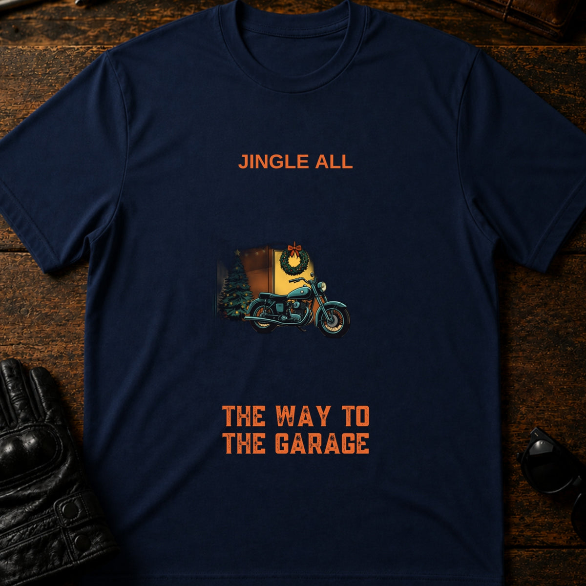 Jingle All The Way To The Garage Christmas Biker T-Shirt, navy