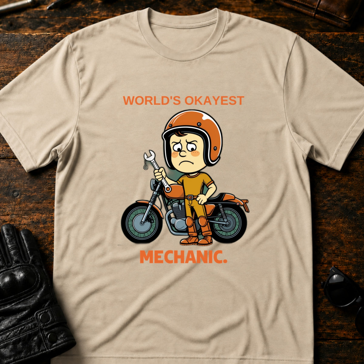 Worlds Okayest Mechanic Funny Motorcycle T-Shirt, sand