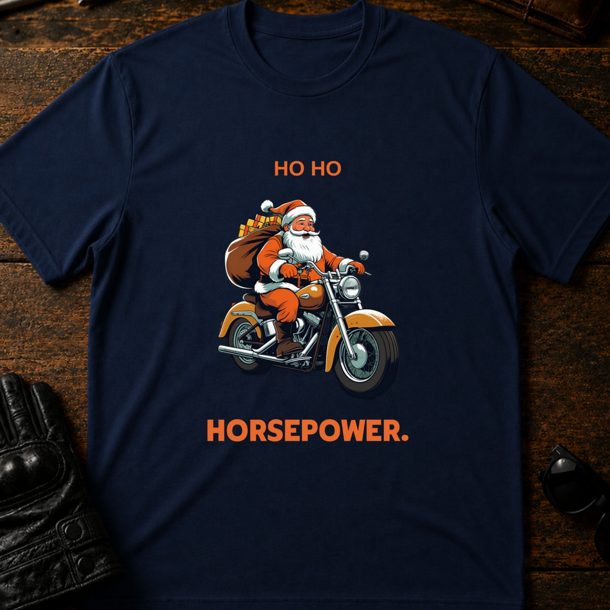 Ho Ho Horsepower Santa Motorcycle Christmas T-Shirt, navy