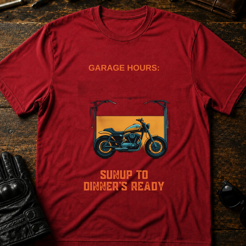Garage Hours Sunup To Dinners Ready Biker T-Shirt - mockup 7 cardinal red