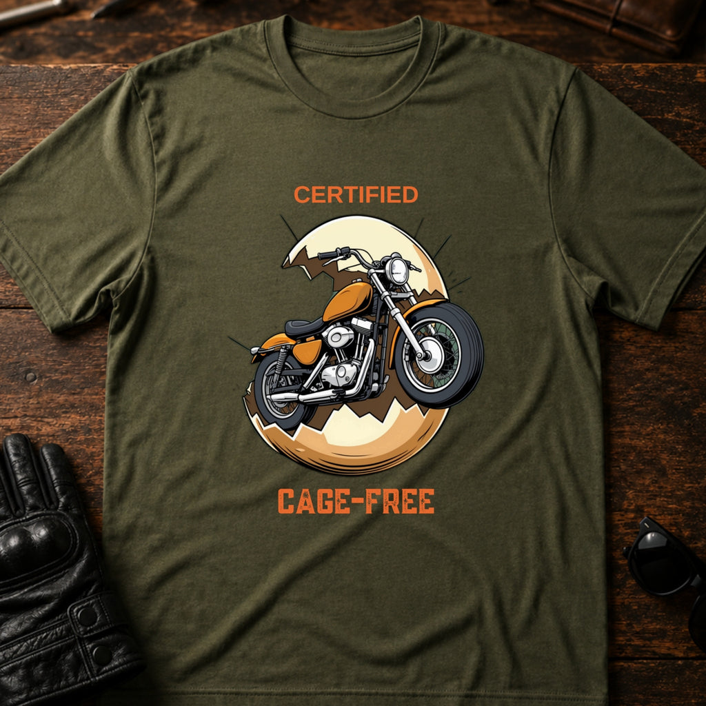 Certified Cage Free Funny Motorcycle T-Shirt - mockup 2 military green