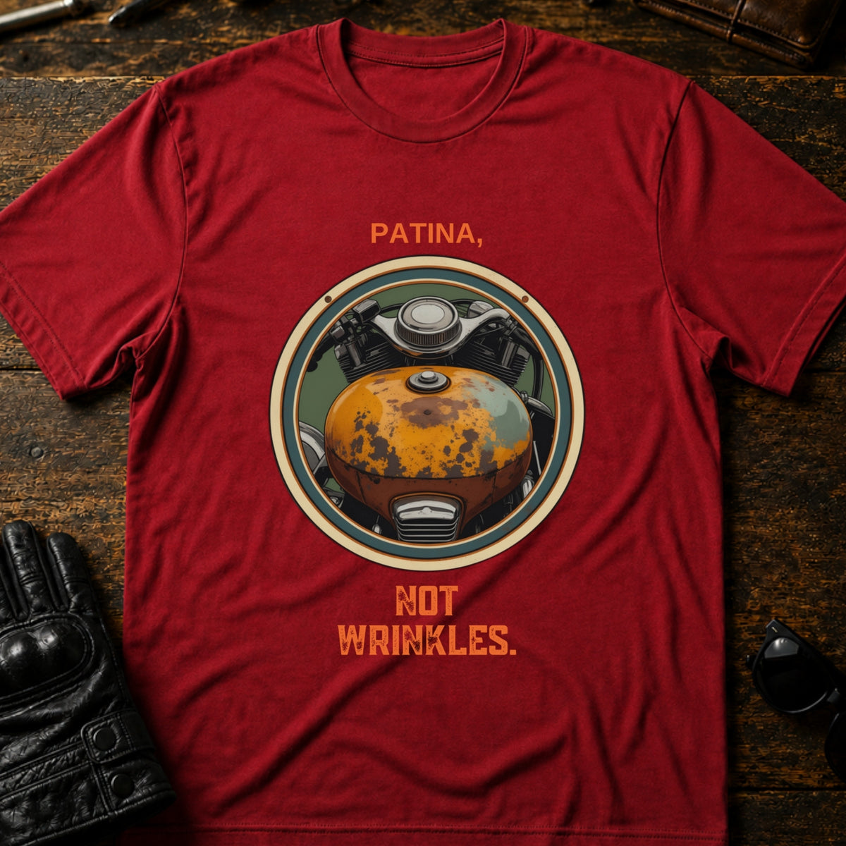 Patina Not Wrinkles Vintage Motorcycle T-Shirt, cardinal red
