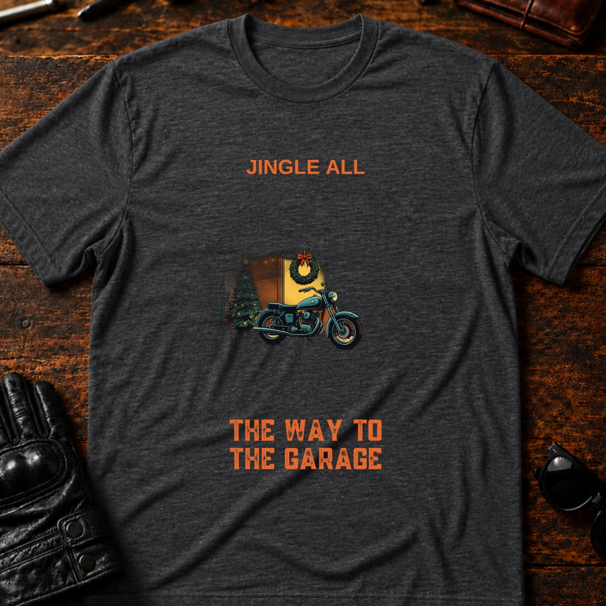 Jingle All The Way To The Garage Christmas Biker T-Shirt, dark heather