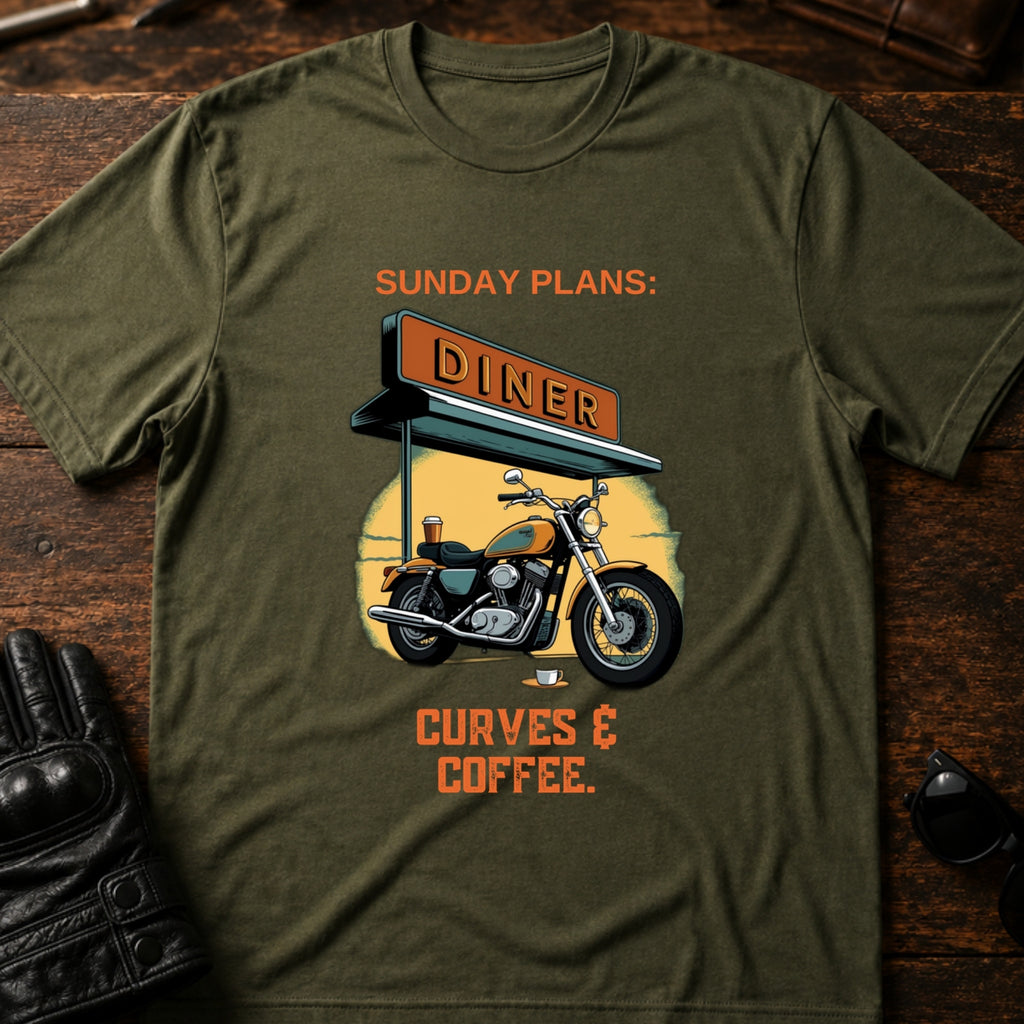 Sunday Plans Curves And Coffee Motorcycle T-Shirt - mockup 2 military green