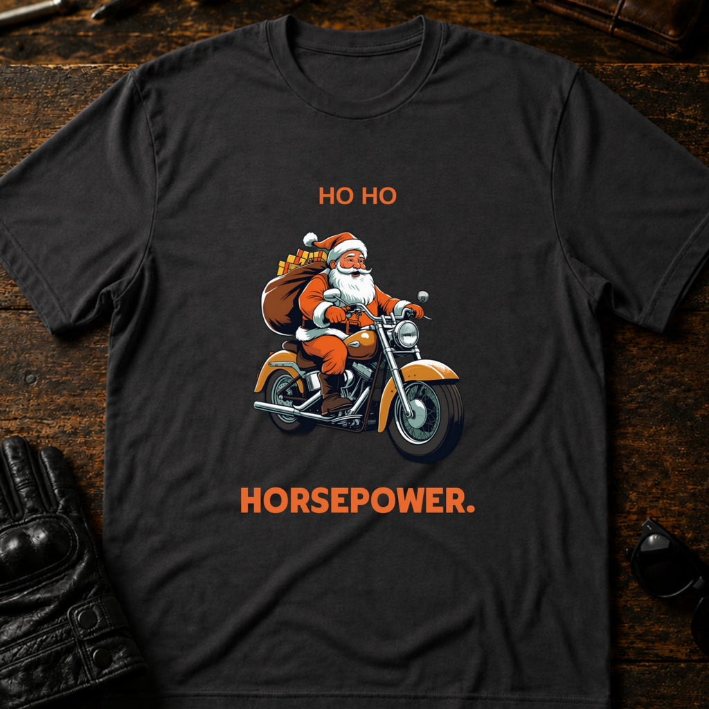 Ho Ho Horsepower Santa Motorcycle Christmas T-Shirt - mockup 3 charcoal