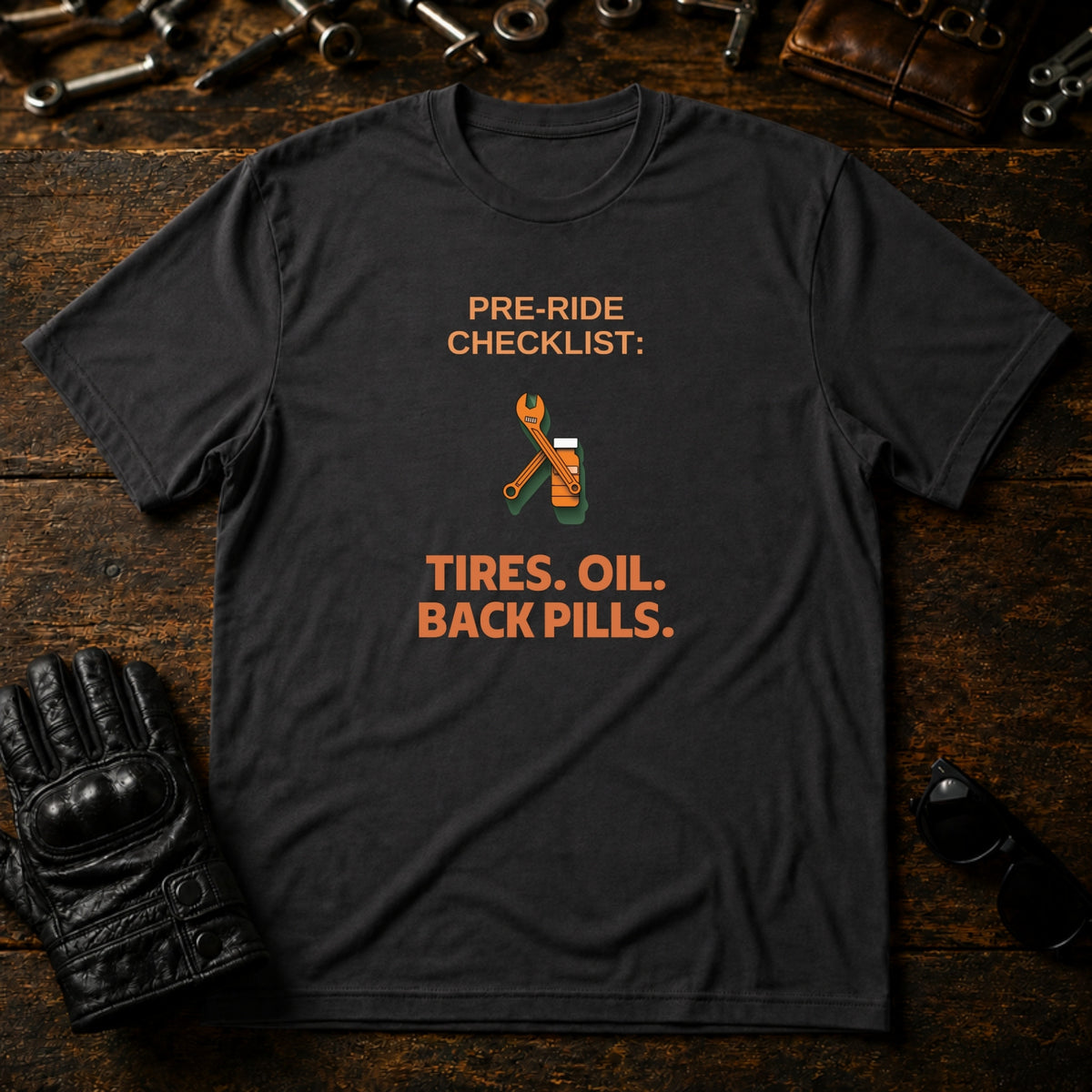 Pre-Ride Checklist Back Pills T-Shirt - mockup 3 charcoal