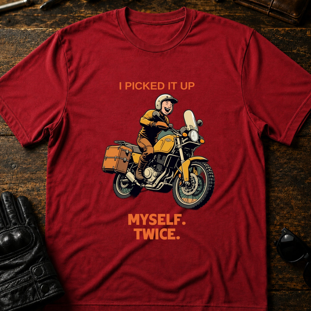 I Picked It Up Myself Twice Adventure Biker T-Shirt, cardinal red