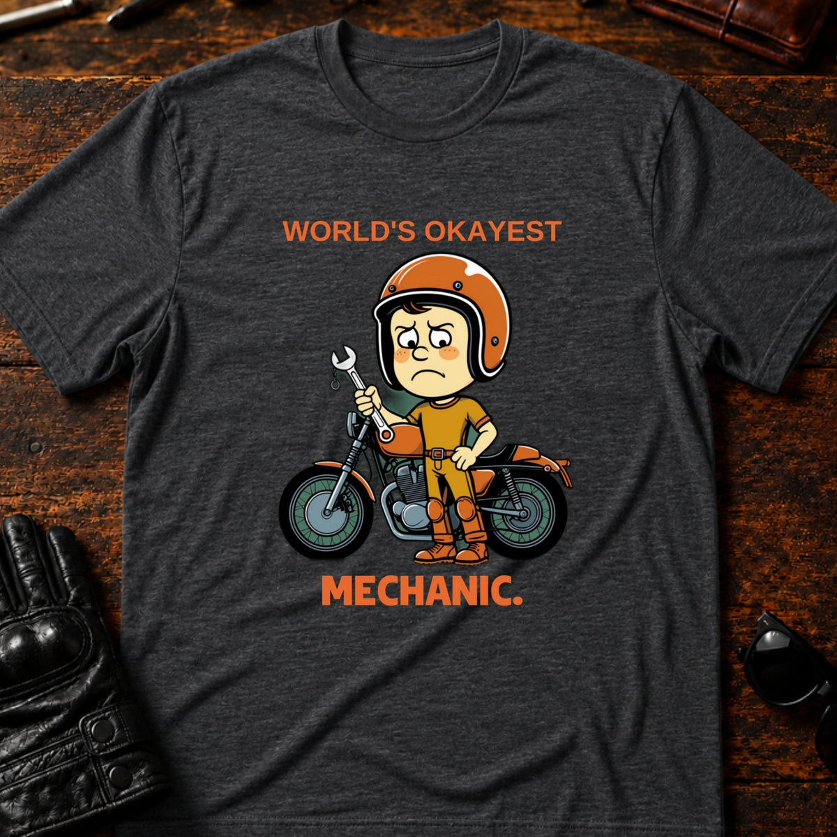 Worlds Okayest Mechanic Funny Motorcycle T-Shirt, dark heather