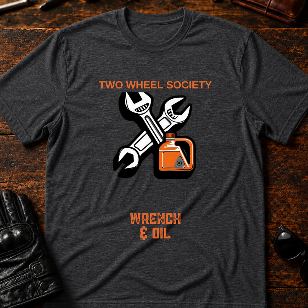 Wrench and Oil Emblem T-Shirt - mockup 8 dark heather