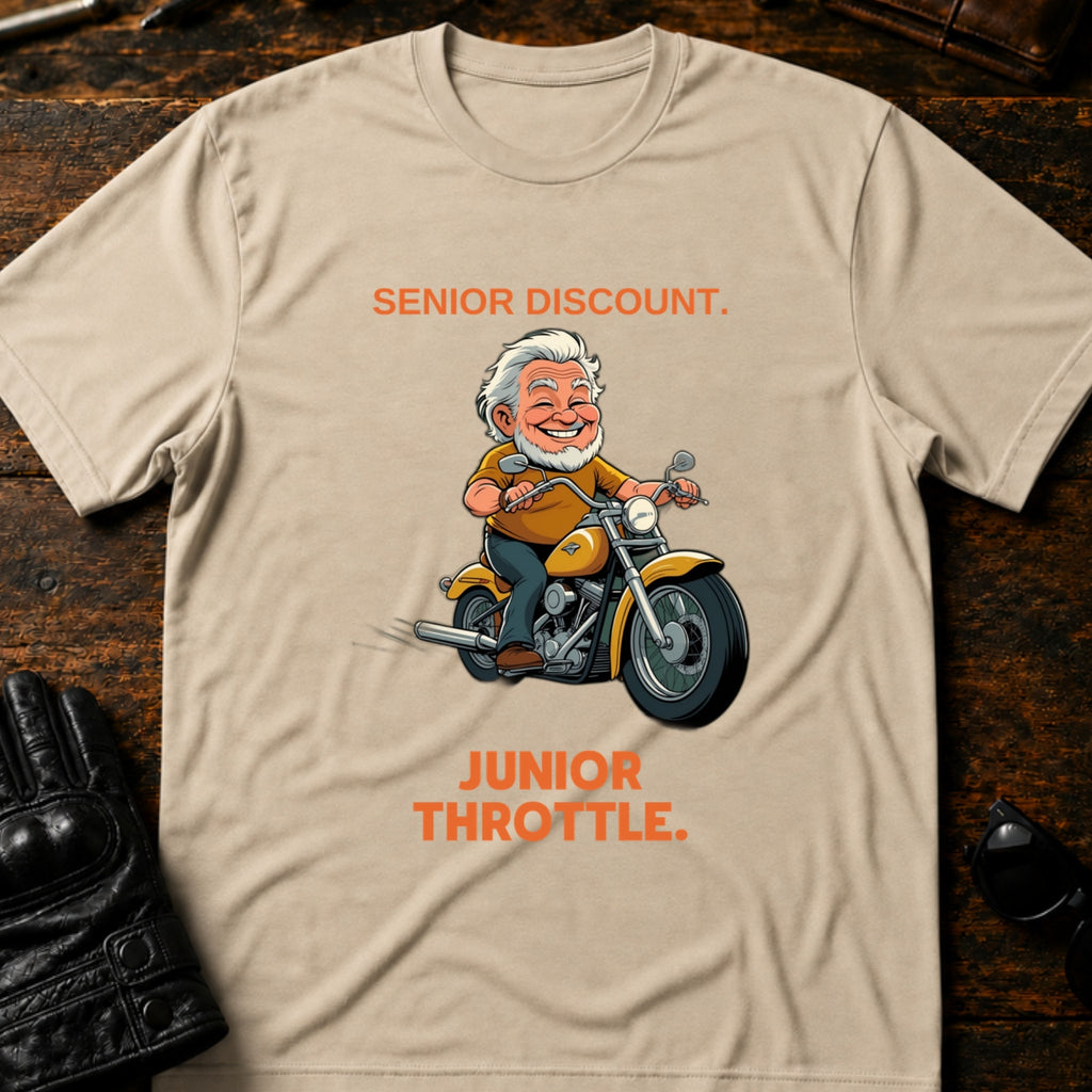Senior Discount Junior Throttle Hand Biker T-Shirt - mockup 6 sand