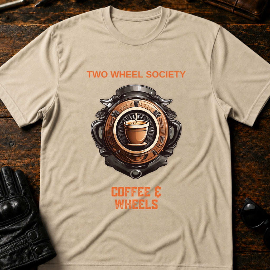 Coffee and Wheels Emblem T-Shirt - mockup 6 sand