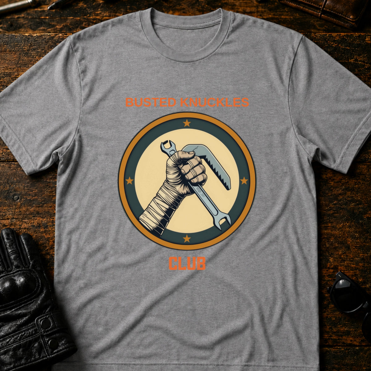 Busted Knuckles Club Motorcycle Mechanic T-Shirt, sport gray