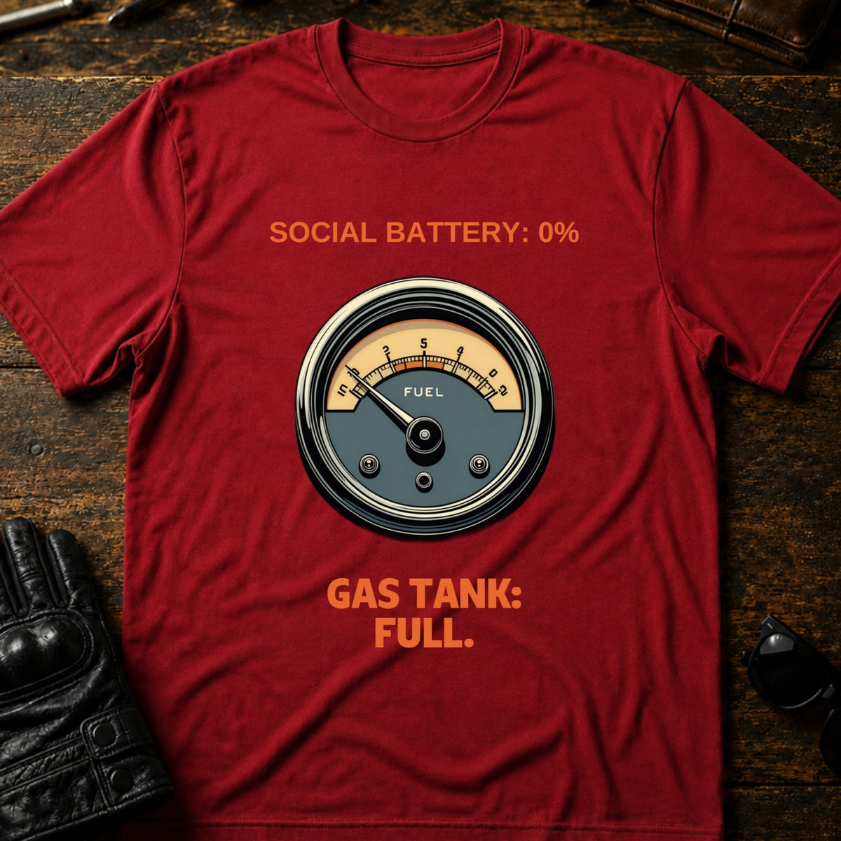 Social Battery Empty Gas Tank Full Introvert Biker T-Shirt, cardinal red