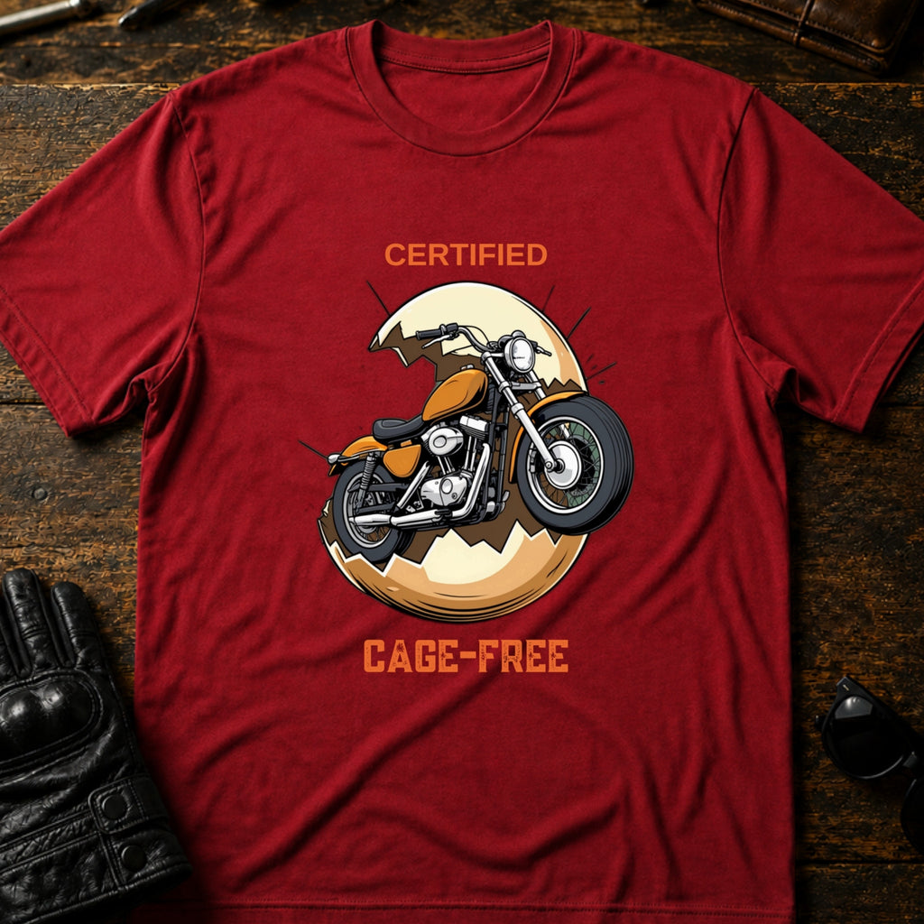 Certified Cage Free Funny Motorcycle T-Shirt - mockup 7 cardinal red